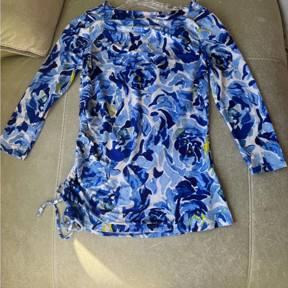 Dana Buchman Blue Ruched Tie Front Blouse
